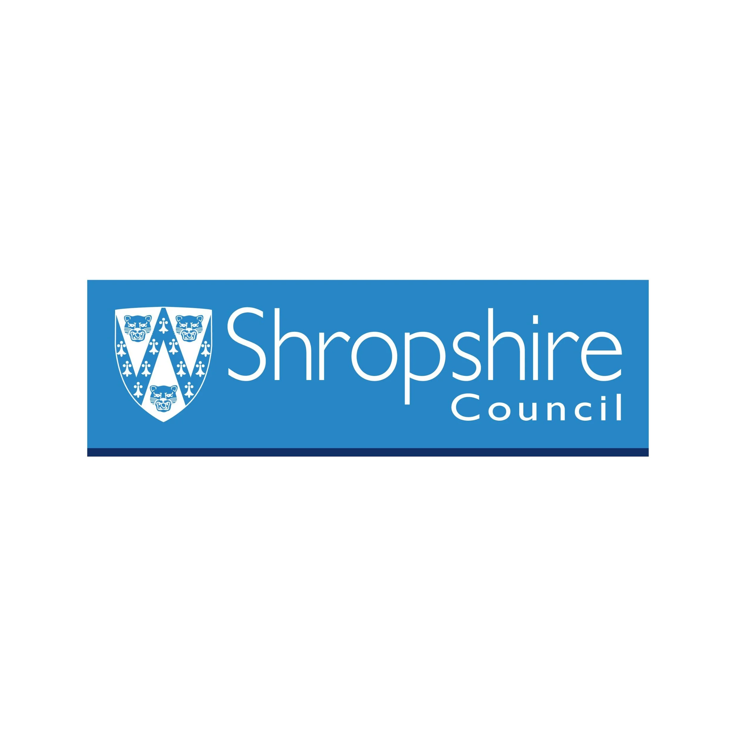 Shropshire Council logo featuring blue shield with three white tigers heads and white text reading 'Shropshire Council'.