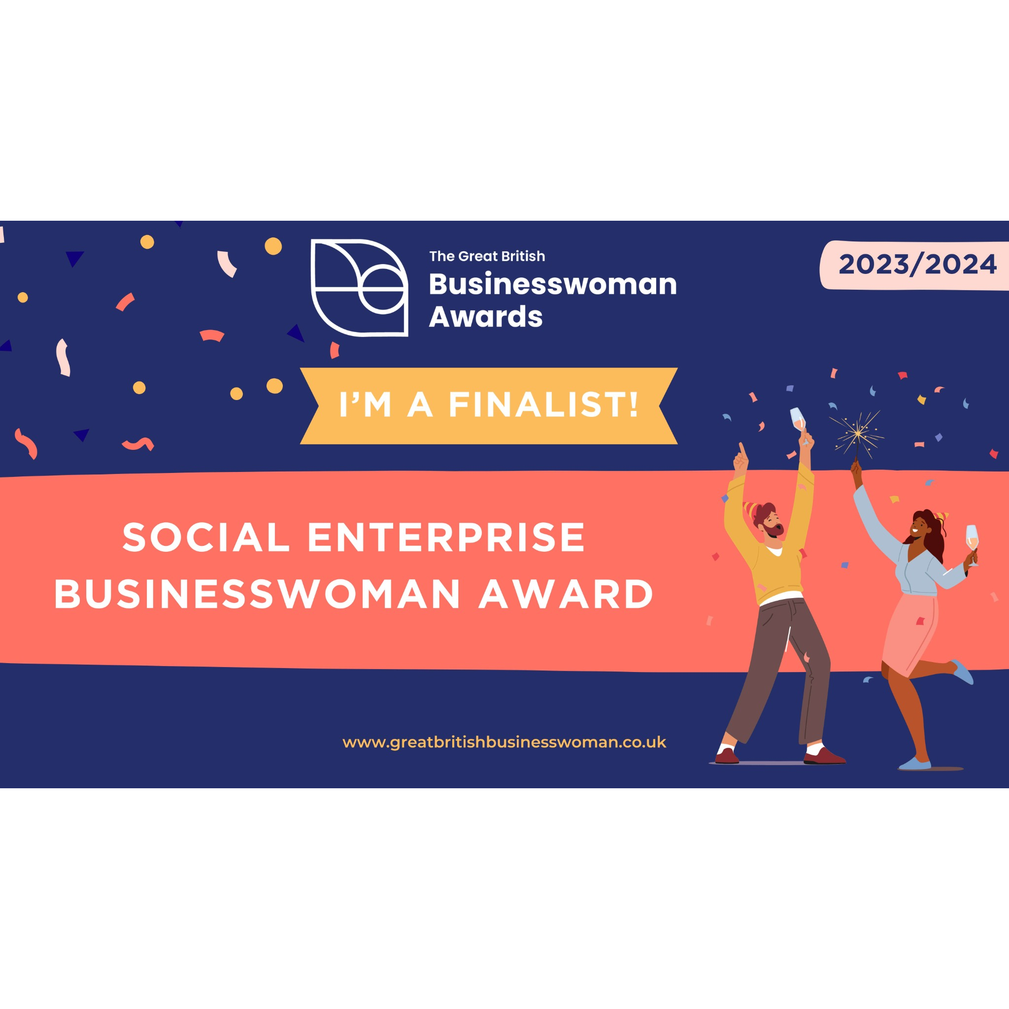 Image of the Great British Businesswoman Awards 2023/2024 banner with confetti and celebratory characters holding glasses.