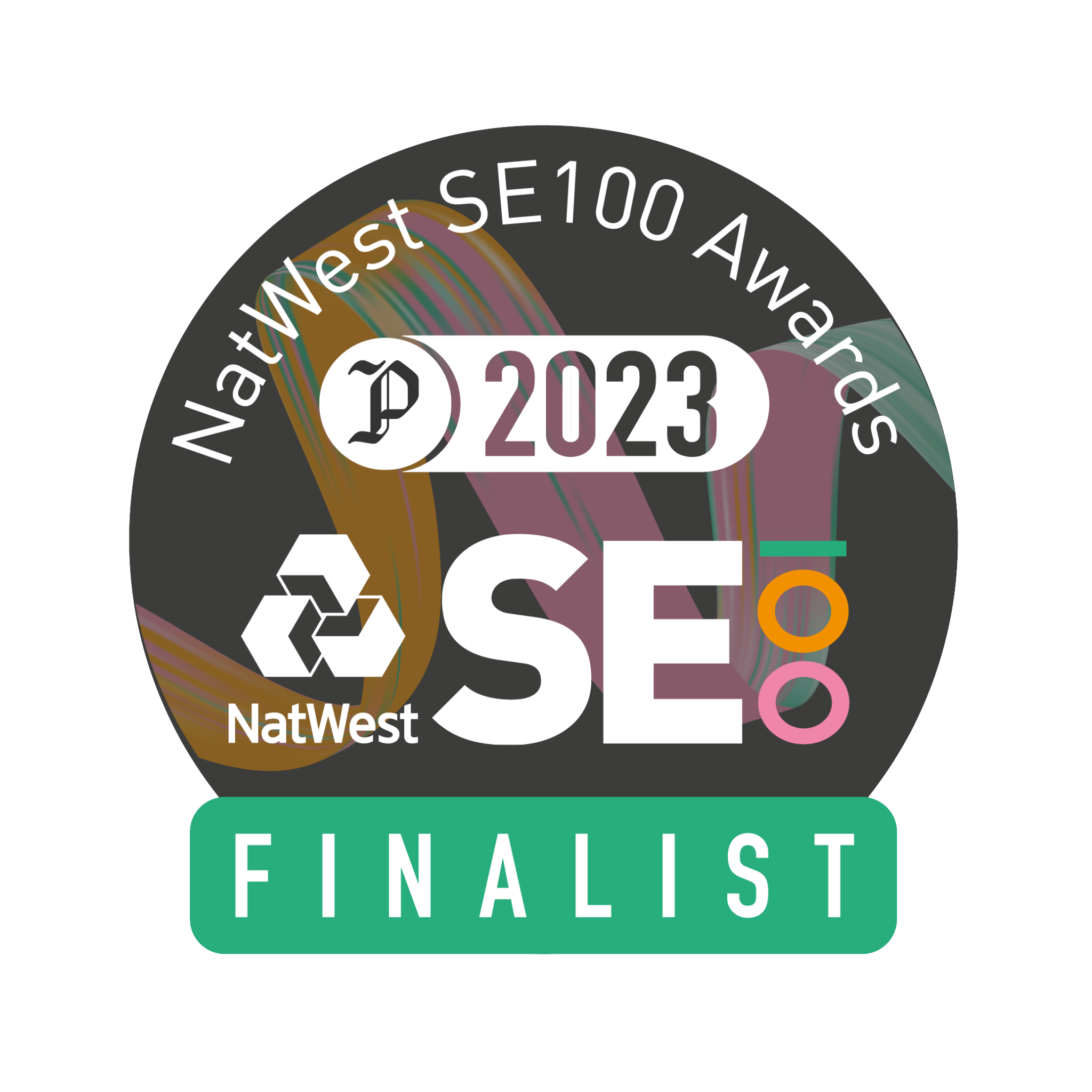 Close-up of a circular sticker with the words "Most SE100 Awards" at the top, the year "2023" in the center, the logo of NatWest bank, and the word "FINALIST" in a green rectangle at the bottom.