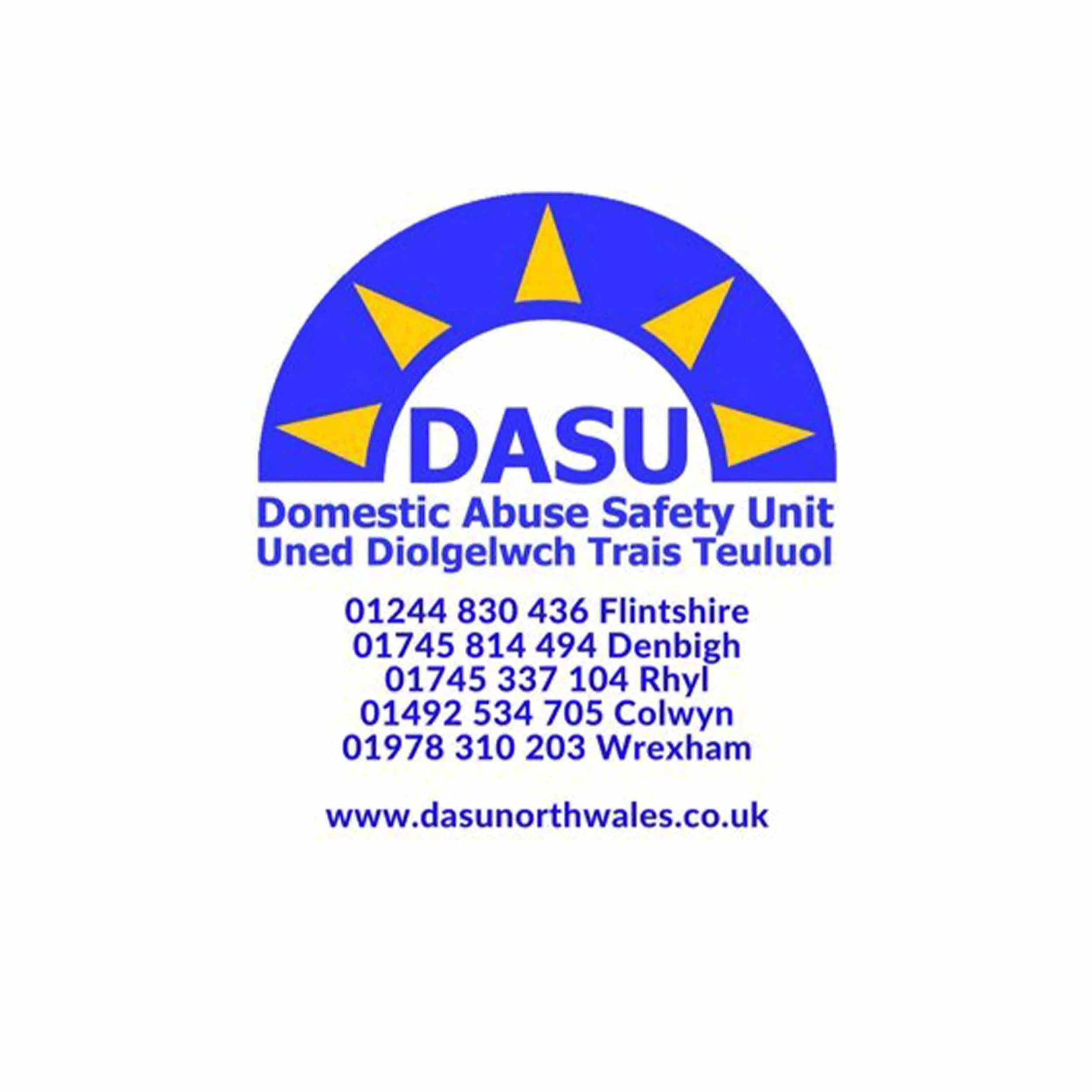 Logo of DASU North Wales, a domestic abuse safety unit, featuring blue and yellow design with contact phone numbers and website.