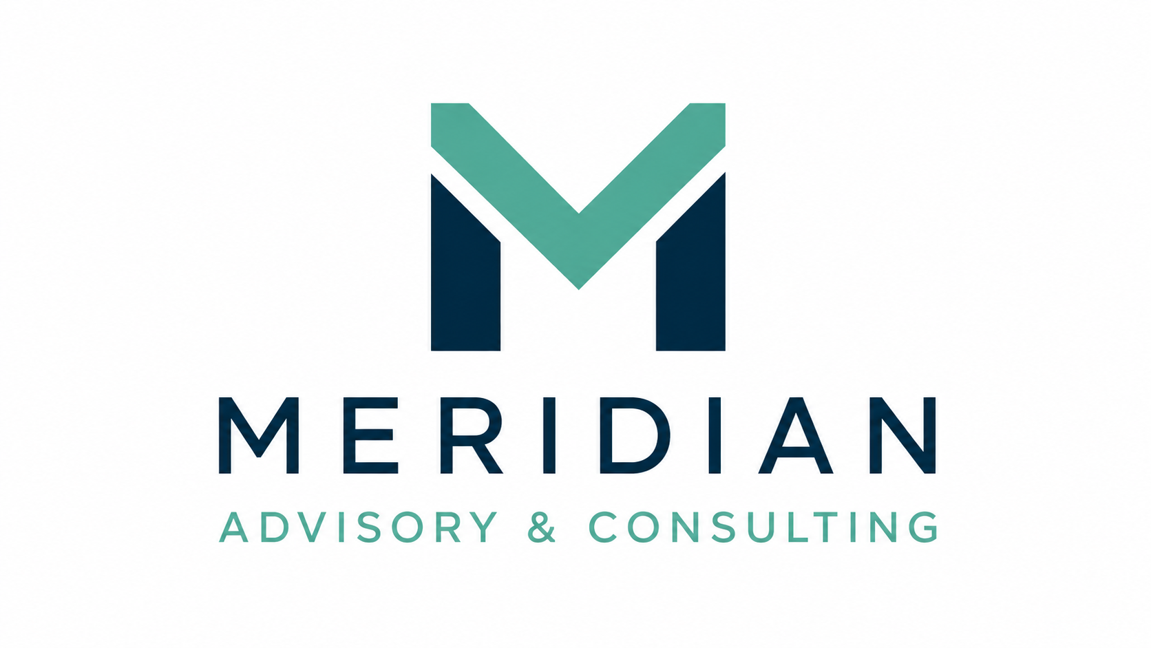 Logo for Meridian Advisory & Consulting featuring a stylized letter 'M' in teal and navy, with the company name and tagline below.