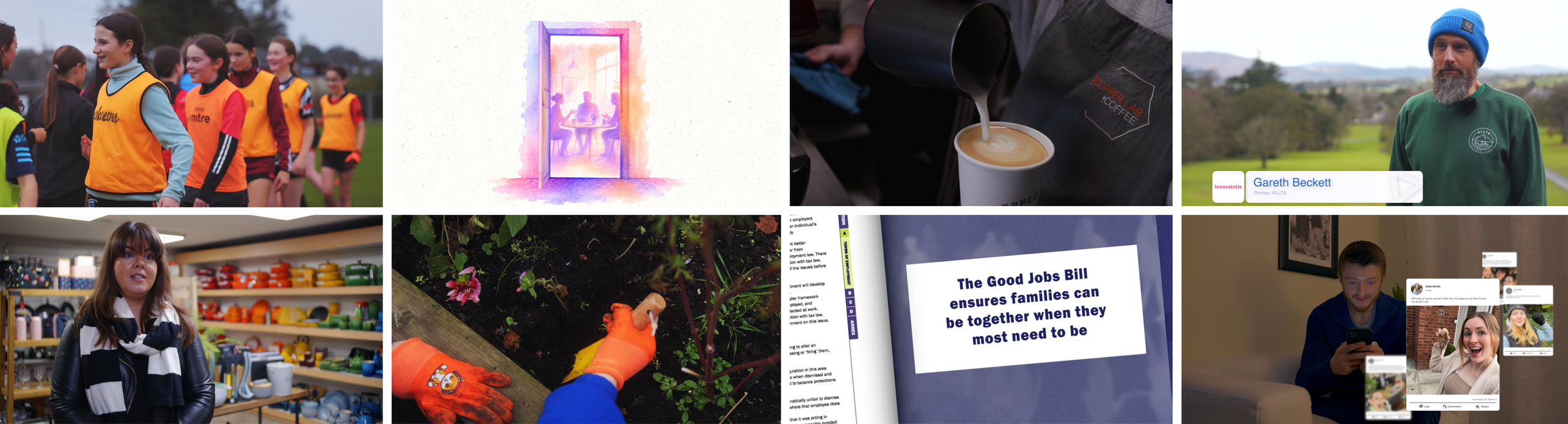 Collage showcasing BNL Productions video projects, including interviews, community activities, promotional content, animation, social media campaigns and public information videos.