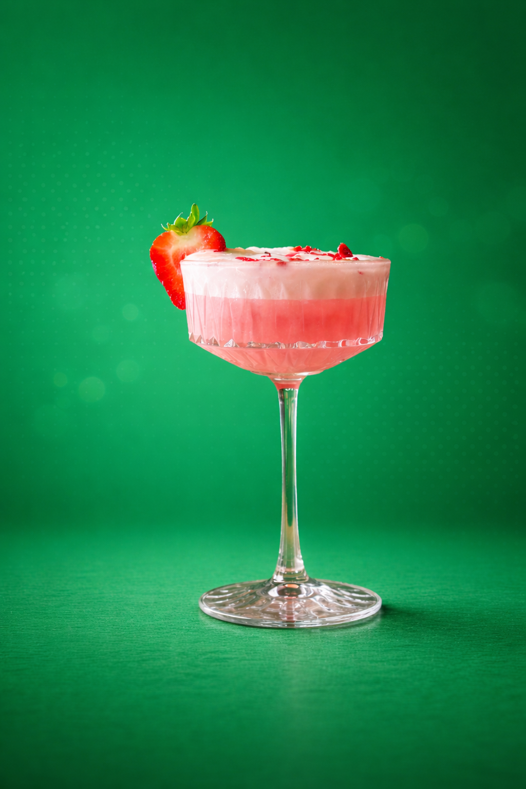 Pink layered cocktail in a glass with a strawberry garnish against a green background.