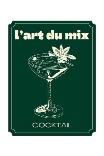 Green cocktail menu cover with white text 'L'art du mix' and 'COCKTAIL,' featuring an illustration of a martini glass with a lime slice and leaves.