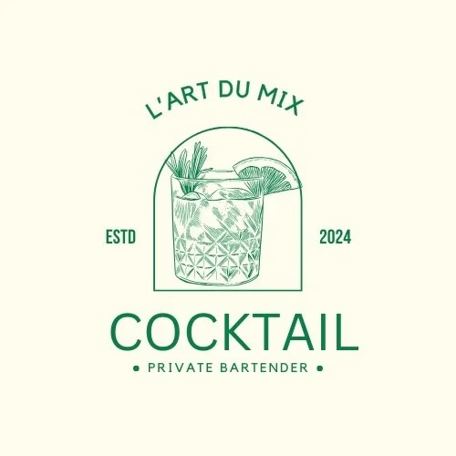 Logo for "L'Art du Mix," a private bartender business, featuring a glass of cocktail with herbs, designed with green lines and text, established in 2024.