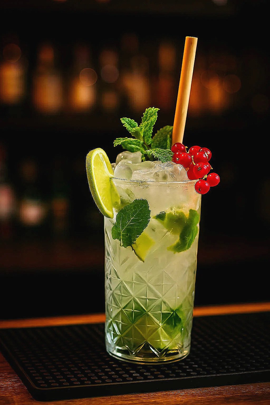 A glass of mojito cocktail with lime wedge, red currants, mint leaves, and ice, on a bar counter.
