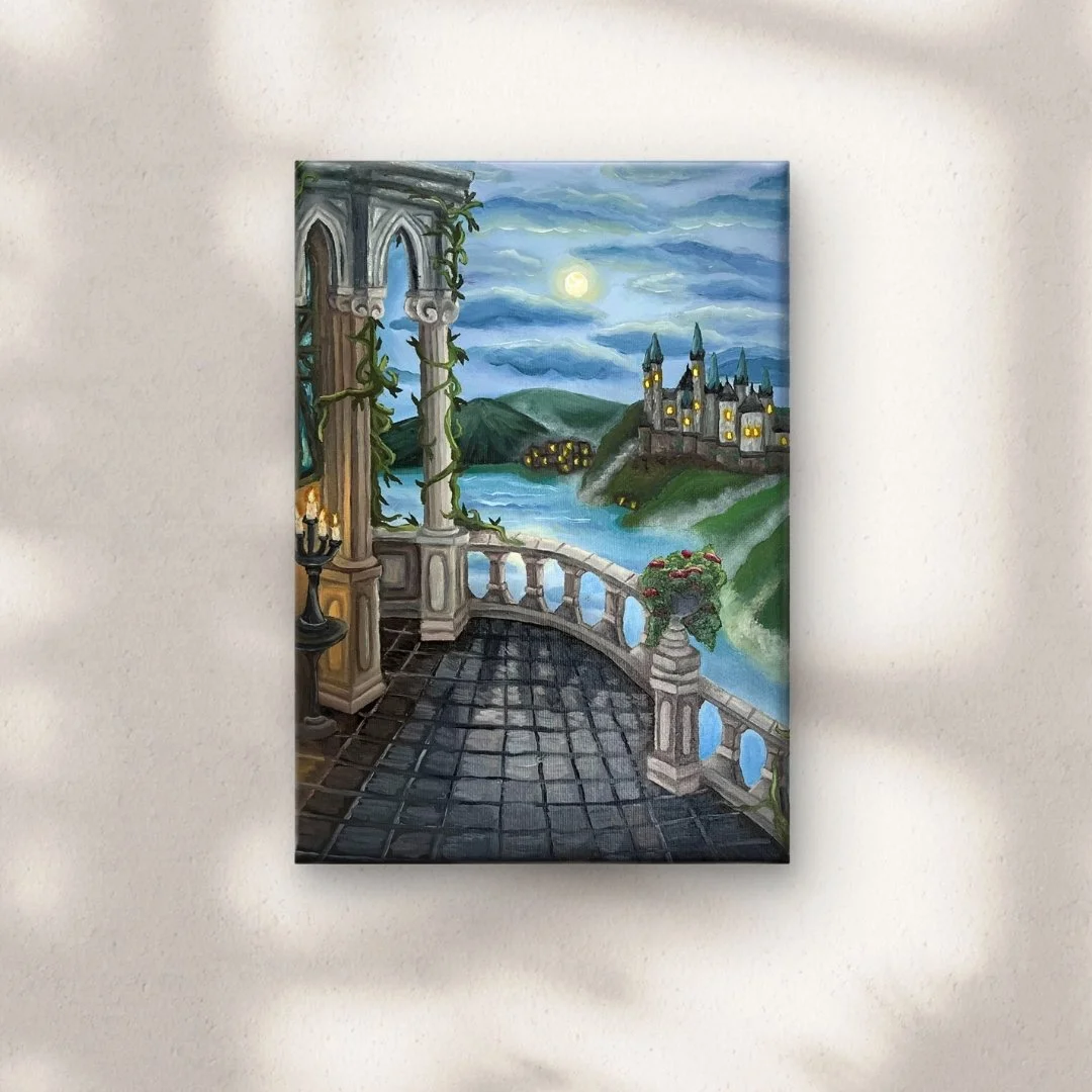 Inspired by the fantasy world of Hogwarts I wanted to create a Dark, Romantic piece that has a moonlit balcony, perfect for romantic lovers.