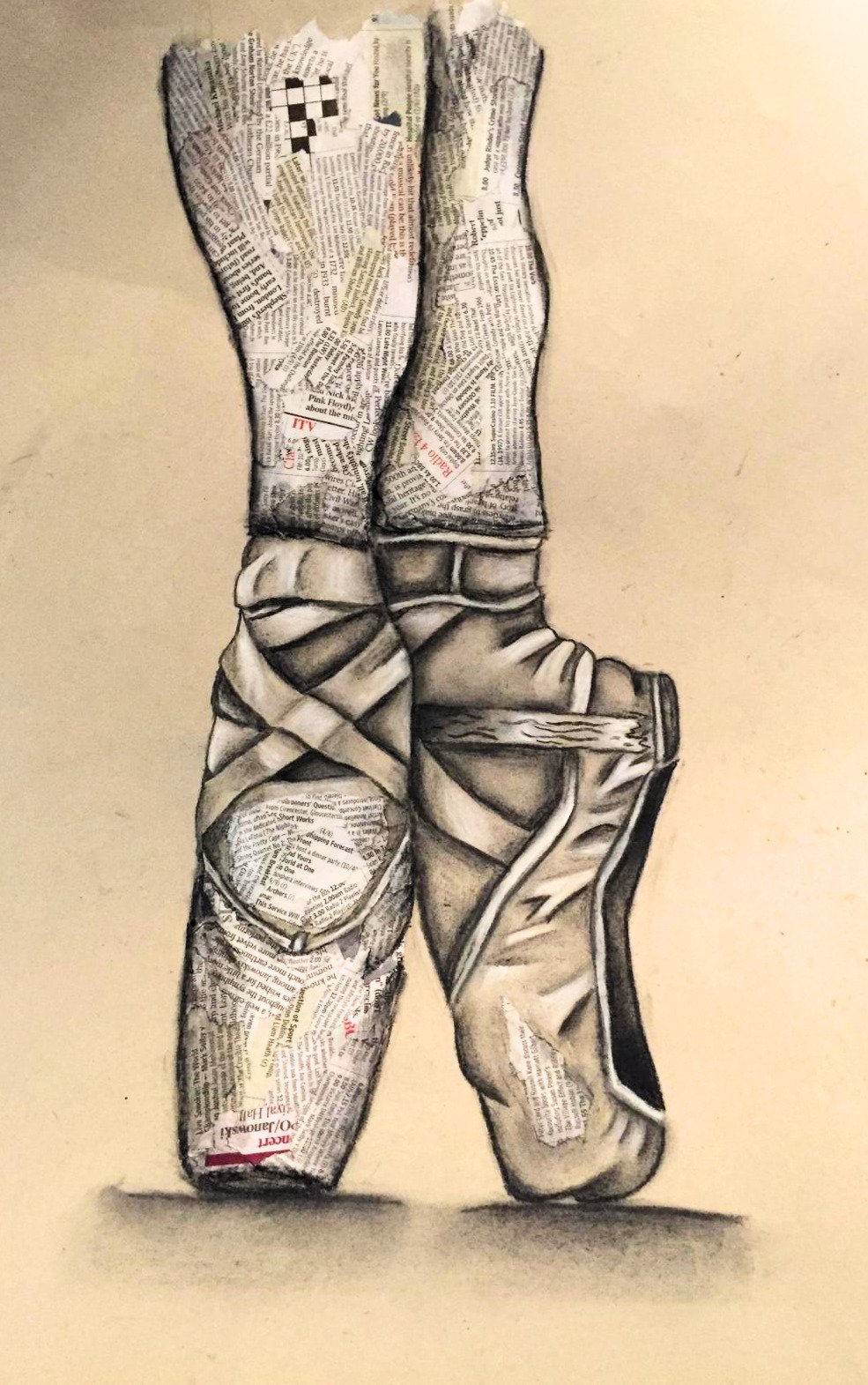 ballet dancer, shoes in chalk and charcoal artwork