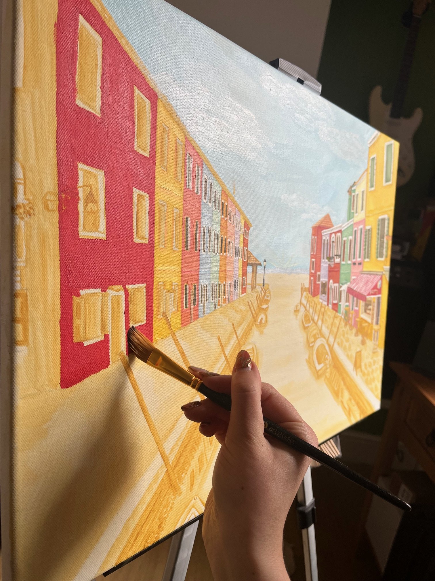 painting, brush, artwork, landscape, beauty, bold colours, houses