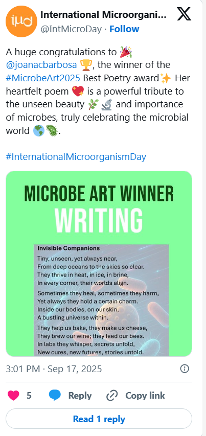 A Twitter post celebrating International Microorganism Day, featuring a green background graphic with the title 'Microbe Art Winner Writing' and a poem about microorganisms in a modern, clean design.