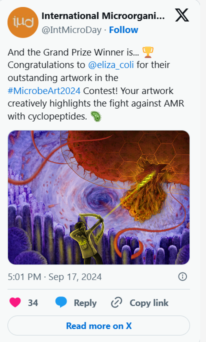 Digital artwork showcasing microorganisms, including a green bacteria in the foreground, with colorful abstract structures and a chaotic environment symbolizing a fight against antibiotic resistance.