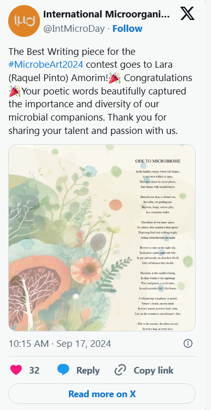 A tweet from International Microbiology Day celebrating Lara for her poetic words in a microbial-themed poem. The tweet includes an image of a poetic tribute with colorful illustrations of microbes, plants, and abstract shapes.