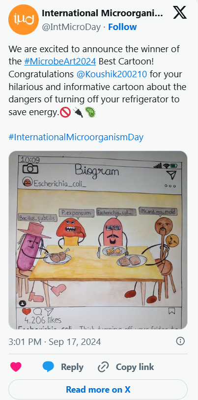 A hand-drawn cartoon infographic about microorganisms, depicting various microorganisms with labels, traits, and humorous descriptions, centered on International Microorganism Day.