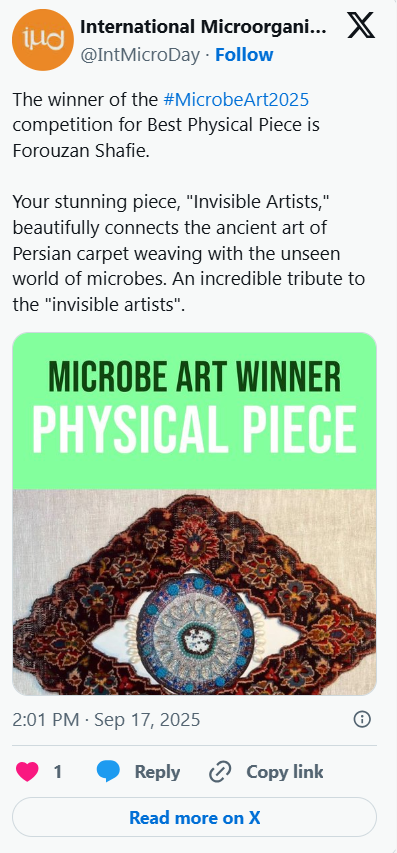 Photograph of a Persian carpet with intricate patterns, displayed as part of a social media post celebrating the Microbe Art 2025 competition winner.
