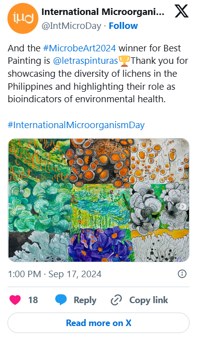 Colorful drawing of various lichens displaying diverse shapes and colors, including green, orange, gray, black, and purple, celebrating International Microorganism Day.