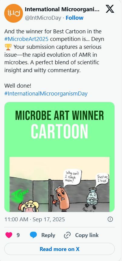 A social media post celebrating Microbe Art 2025. It features a cartoon with a character asking, 'Why can't I reach them?' and a robot replying, 'Trust me, I tried.' The post includes a green banner with bold text saying 'Microbe Art Winner Cartoon' and hashtags related to microbiology and Microbe Art 2025.