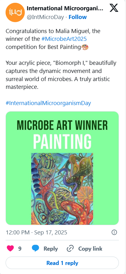 A colorful acrylic painting featuring various microbes and microorganisms, with text overlay reading 'Microbe Art Winner Painting' on a bright green background.
