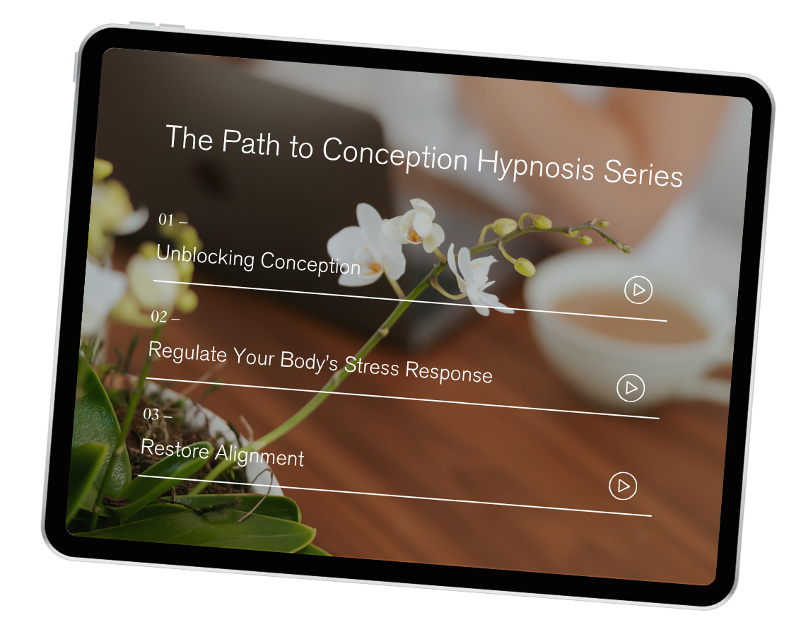 A tablet screen showing an online course titled "The Path to Conception Hypnosis Series" with three lessons: 1. Unblocking Conception, 2. Regulate Your Body’s Stress Response, 3. Restore Alignment. The background features a plant with white flowers and a blurred cup of tea.