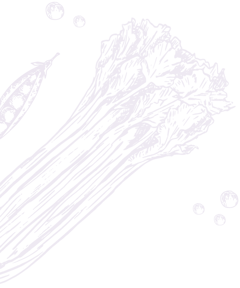 Line art illustration of a stalk of celery and some bubbles or small spheres on a black background.