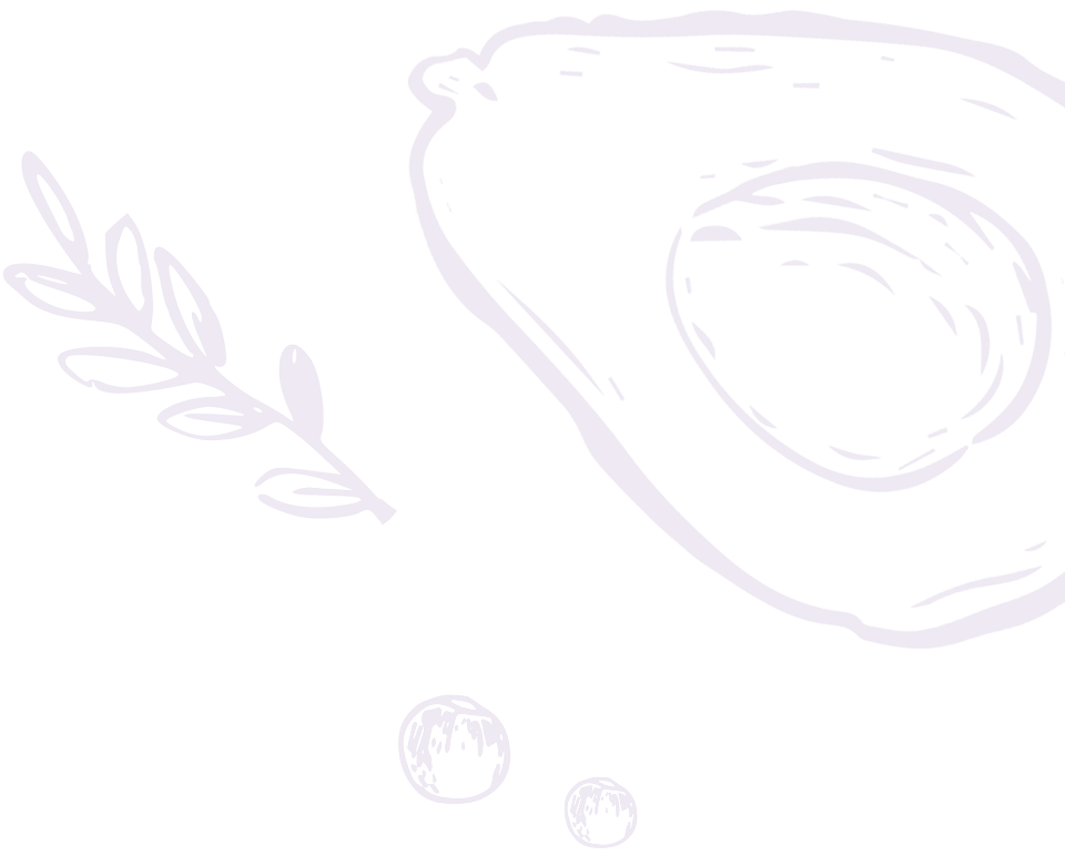 A drawing of a steak with a sprig of herbs and three small circles representing garlic cloves on a black background.
