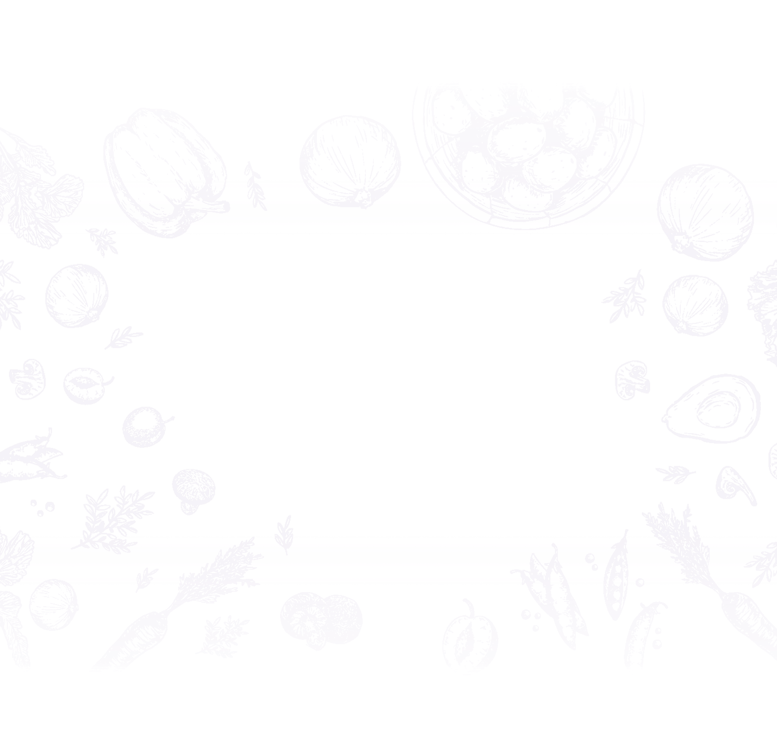 Faint illustrations of vegetables and herbs on a white background.