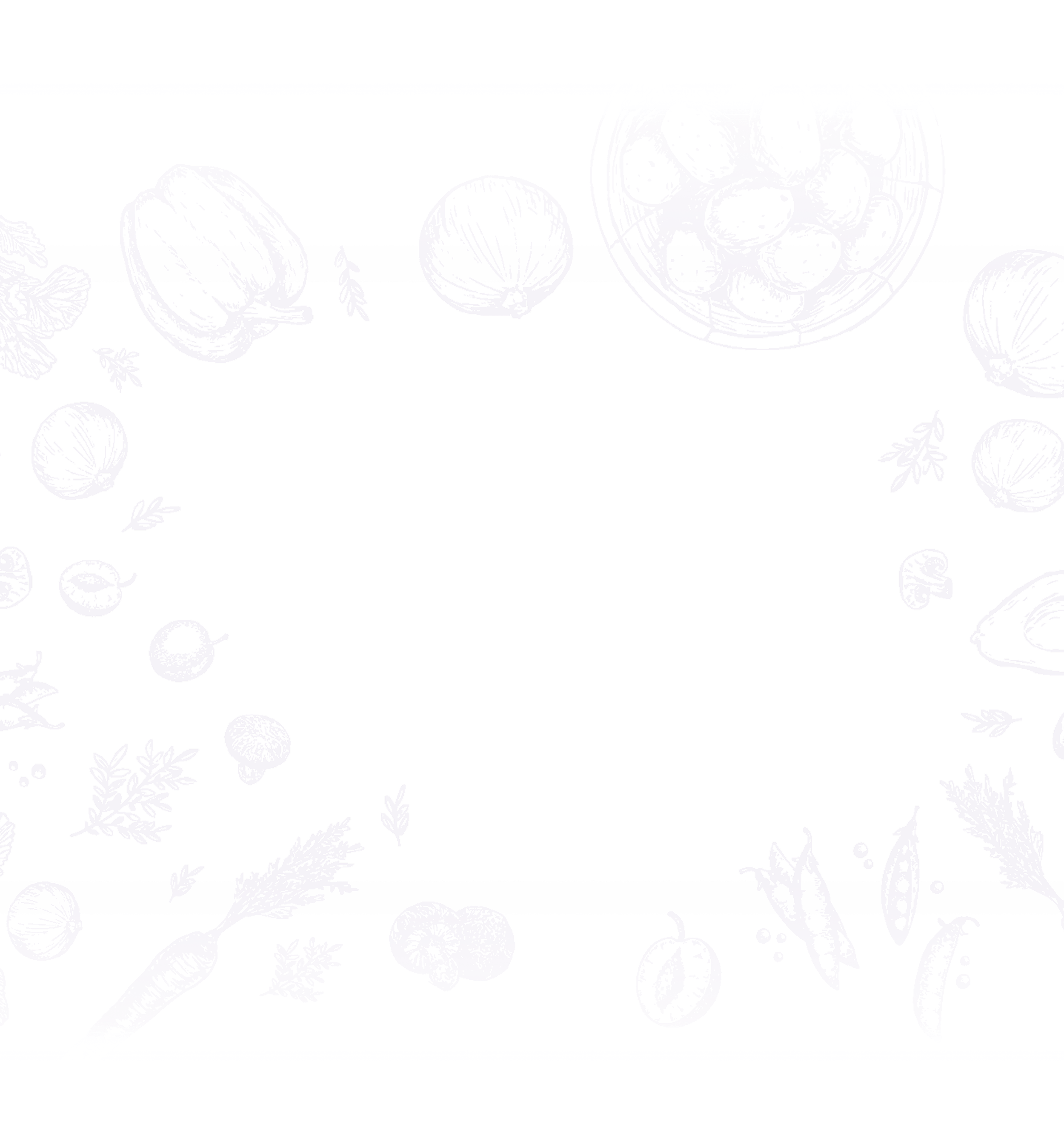 A digital illustration featuring various vegetables such as mushrooms, carrots, and garlic, along with some herbs, depicted in light purple outline style.