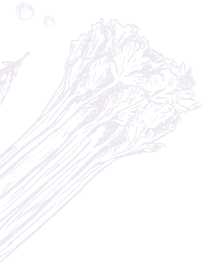 Line art illustration of a celery stalk with leaves, two small circles representing bubbles or planets in the background, all in black and white.