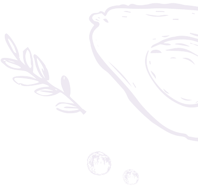Line drawing of a cup, a sprig of leaves, and two small round objects on a black background.