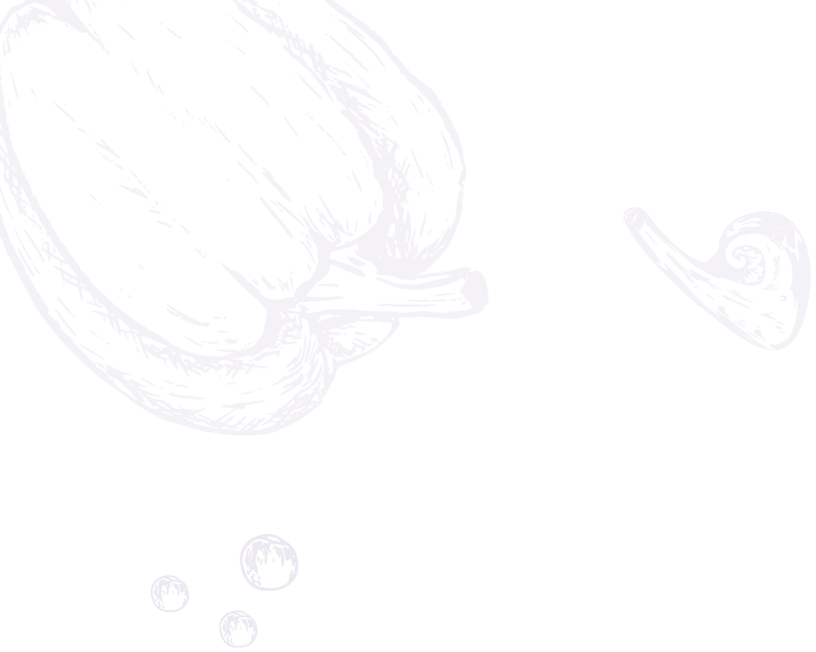 Black and white sketch of a bell pepper and a chili pepper with small peppercorns.
