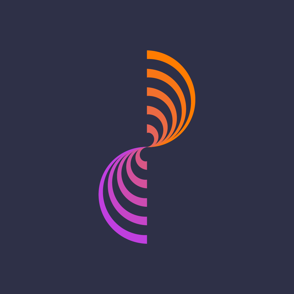 Colorful abstract logo with mirrored semi-circular shapes in orange and pink on a dark background.