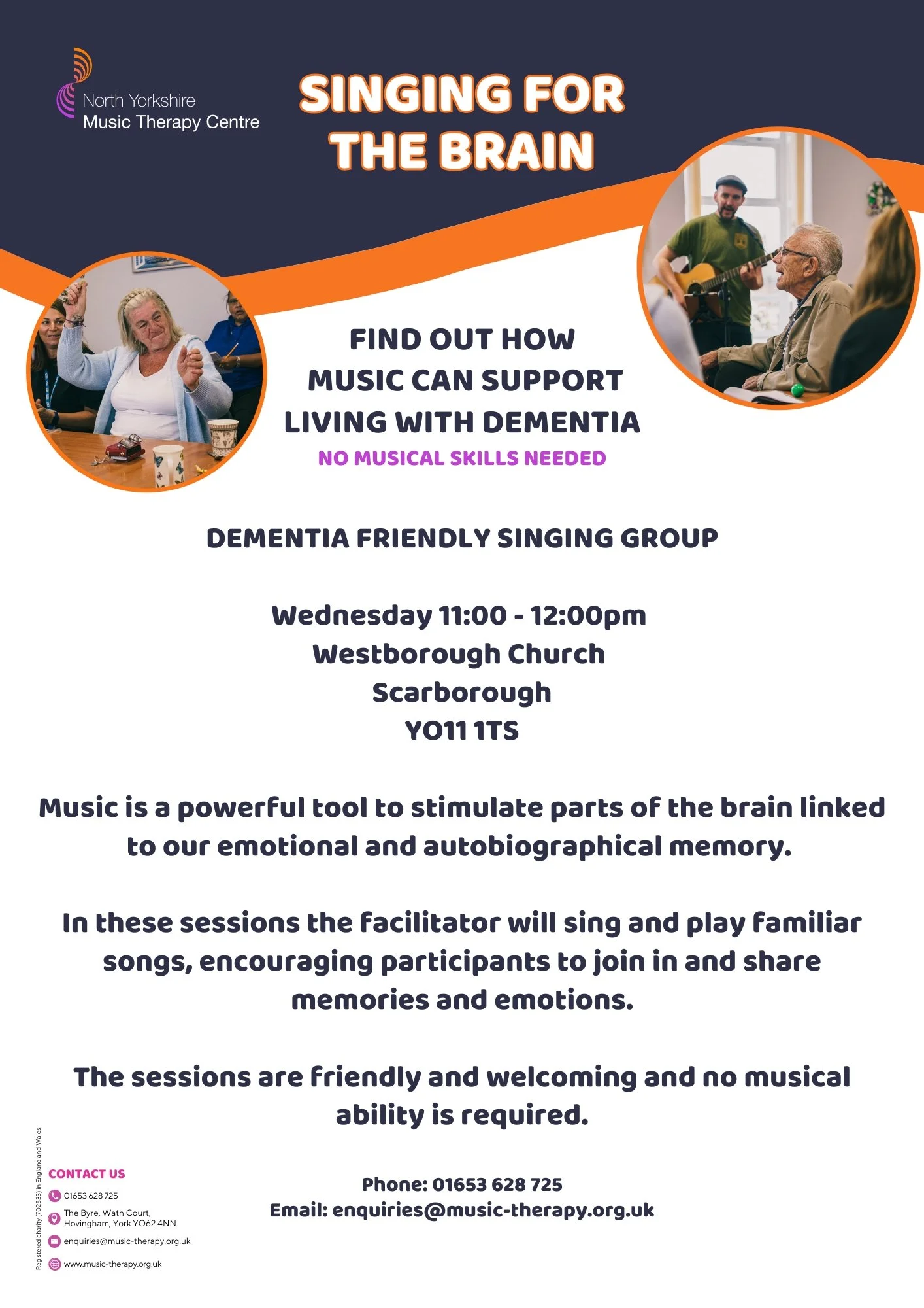 Event flyer for 'Singing for the Brain' at North Yorkshire Music Therapy Centre, featuring images of people singing and playing guitar, with event details and contact information.