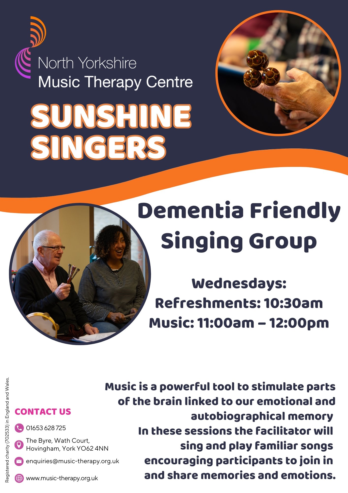 A poster for North Yorkshire Music Therapy Centre Sunshine Singers, a dementia-friendly singing group. It features images of elderly people singing and playing maracas, with details about the sessions on Wednesdays from 10:30 am to 12:00 pm, and contact information.
