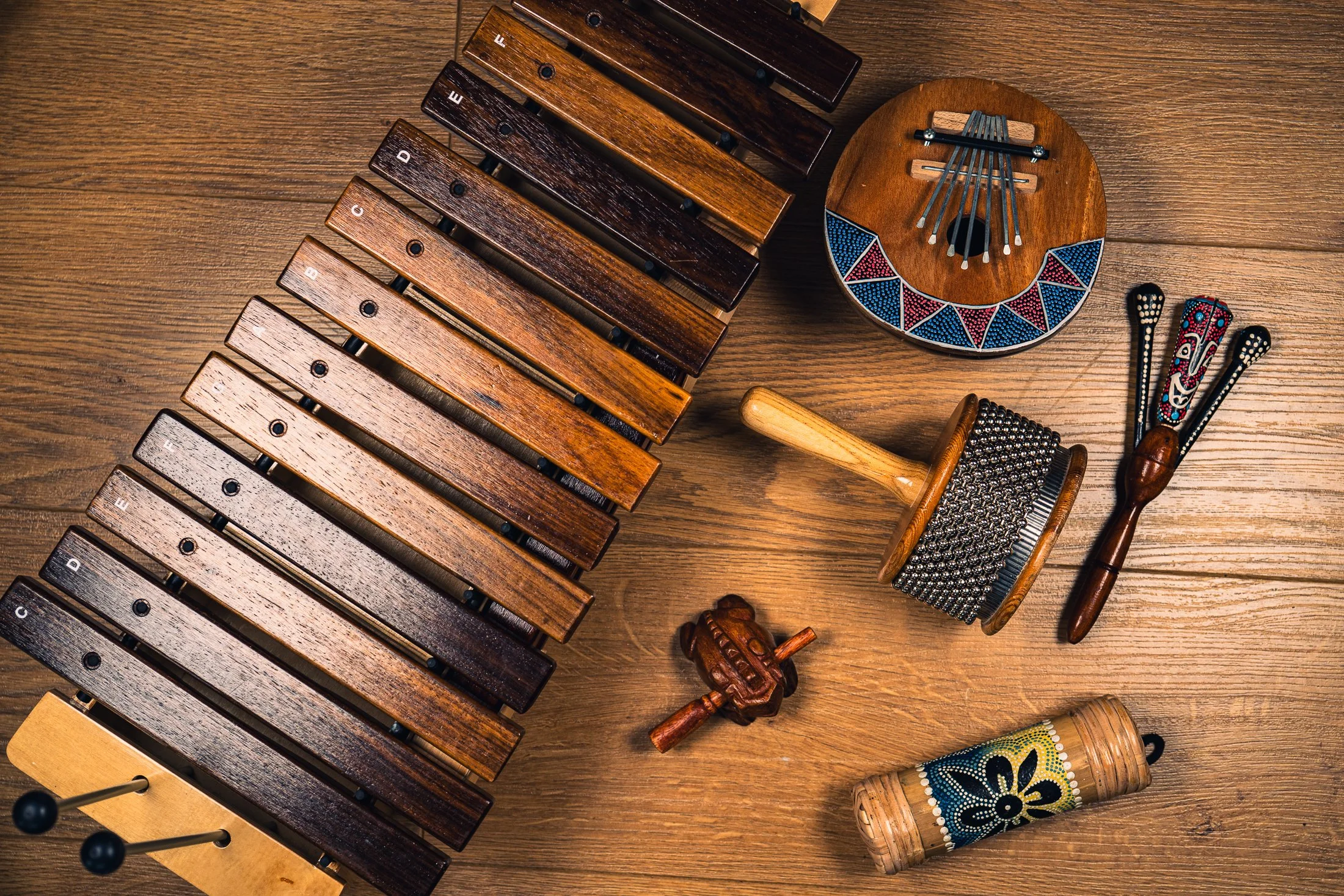 A collection of musical instruments on a wooden surface, including a xylophone with labeled wooden bars, a vibraslap, a guiro with a mallet, and various other percussion instruments.