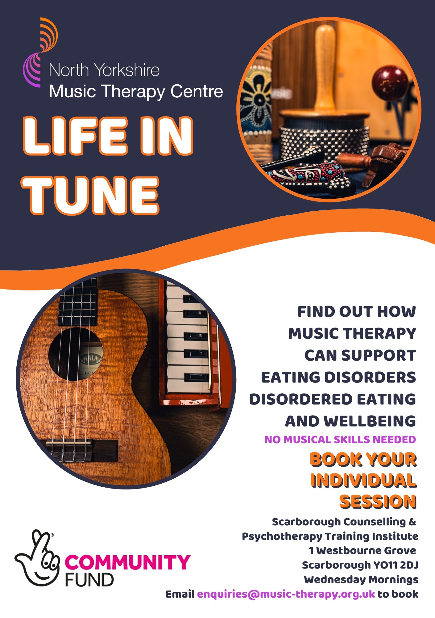 Flyer for North Yorkshire Music Therapy Centre's program 'Life in Tune' promoting music therapy to support eating disorders and wellbeing, with images of musical instruments including a guitar and keyboard, and text about booking individual sessions.