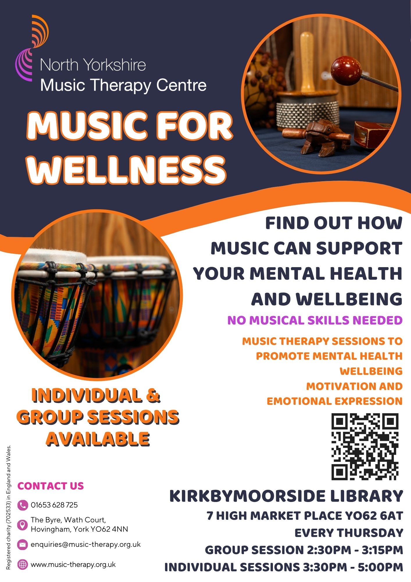 Flyer for North Yorkshire Music Therapy Centre advertising music therapy sessions for mental health and wellbeing, with images of musical instruments including a drum and percussion instruments, at Kirkbymoorside Library in York, featuring contact information and a QR code.