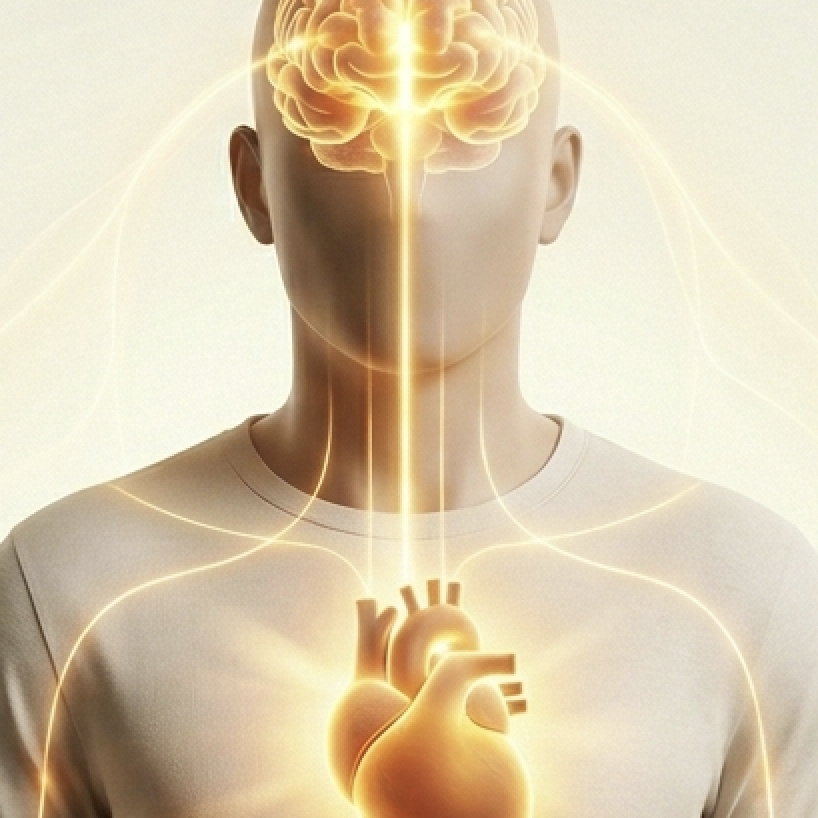 Illustration of a human body with glowing representations of the brain and heart, symbolising the holistic head-and-heart connections in psychotherapy and counselling