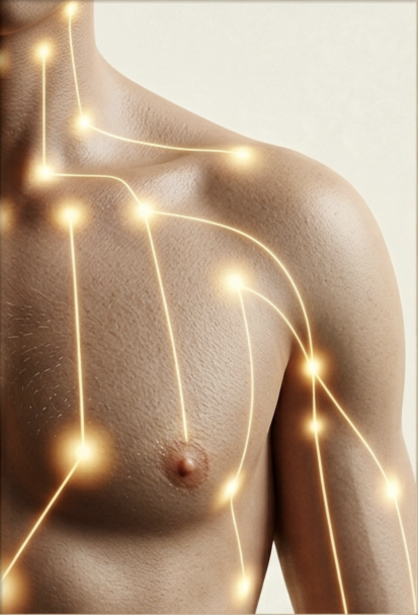 Close-up of a person's torso with illuminated points and lines symbolising acupuncture meridian pathways.