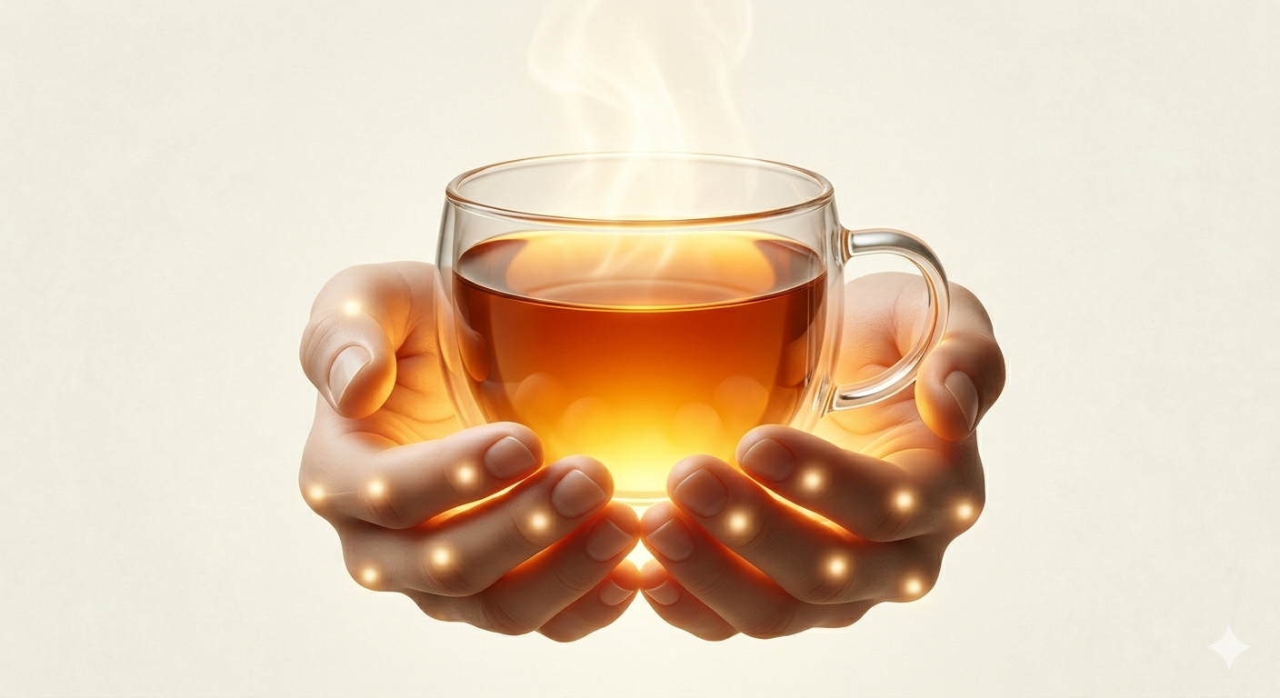 Two hands gently holding a steaming glass cup of a warm beverage, illuminated with warm glow effects, symbolising Chinese herbal medicine