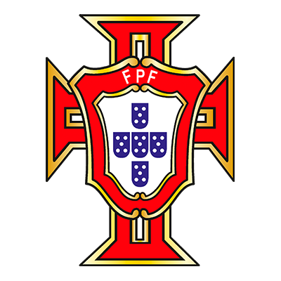 Emblema da Federação Portuguesa de Futebol com cruz de malta azul e branca no centro, cercada por detalhes em vermelho, preto, branco e dourado.