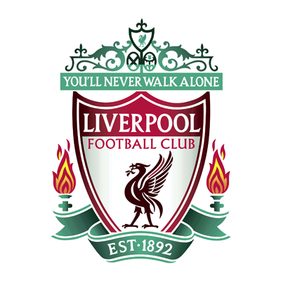 Escudo do Liverpool Football Club com o slogan 'You’ll Never Walk Alone', uma fita indicando 'Est. 1892', e símbolos como uma trindade, um dragão e chamas, em cores verde, branco, vermelho e preto.