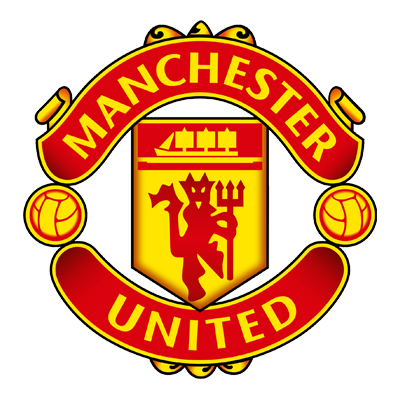 Escudo do Manchester United, clube de futebol, com um dragão e um tridente na parte central, cores vermelho e amarelo, e bolas de futebol nos lados.