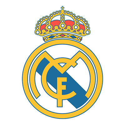 Logo do Real Madrid com uma coroa acima, fundo preto, contendo elementos dourados, brancos e azuis.