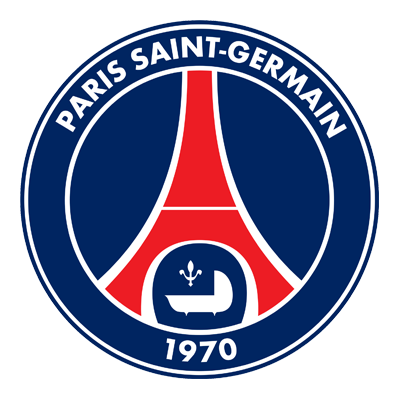 Logotipo do Paris Saint-Germain com uma Torre Eiffel estilizada em vermelho e branco, com um canteiro de plantas na base, e o texto 'PARIS SAINT-GERMAIN 1970' ao redor.