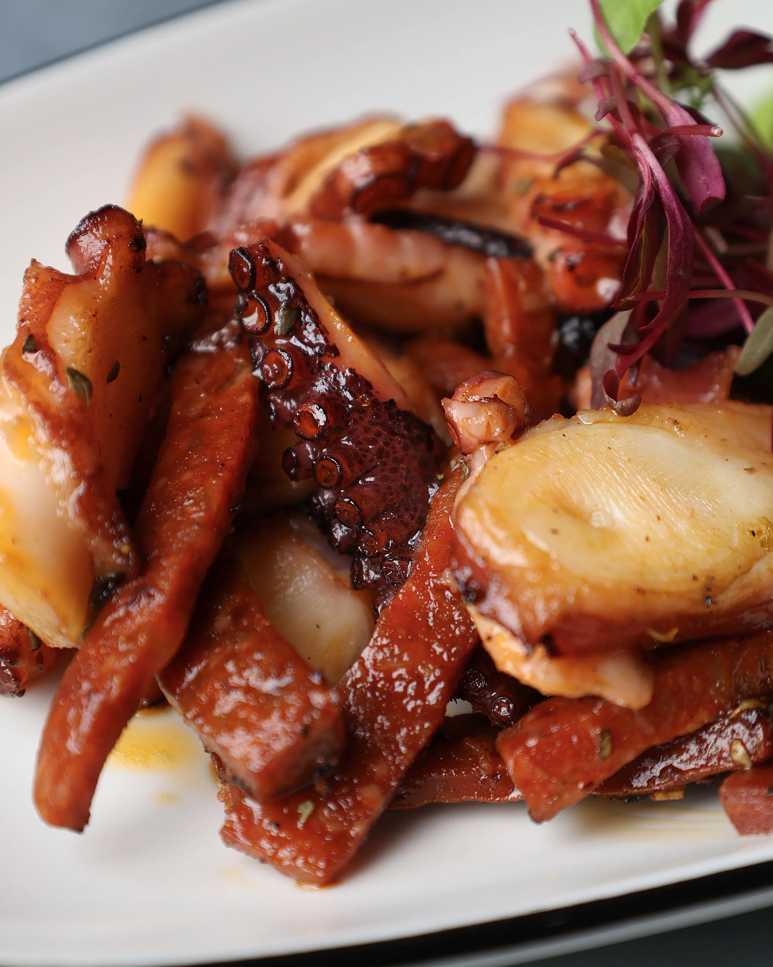Close-up of roasted or grilled octopus with a side of potatoes and garnished with purple microgreens on a white plate.