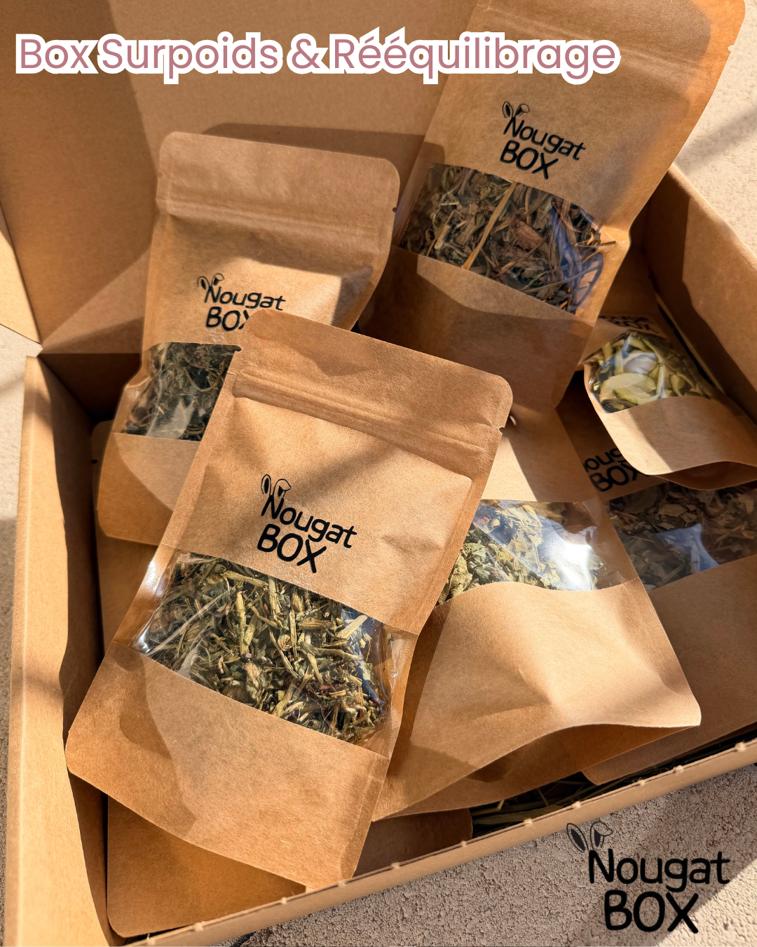 Cinq sachets en papier kraft contenant du mélange de fleurs séchées ou d'herbes, tous marqués avec une étiquette noire 'Nougat BOX'.