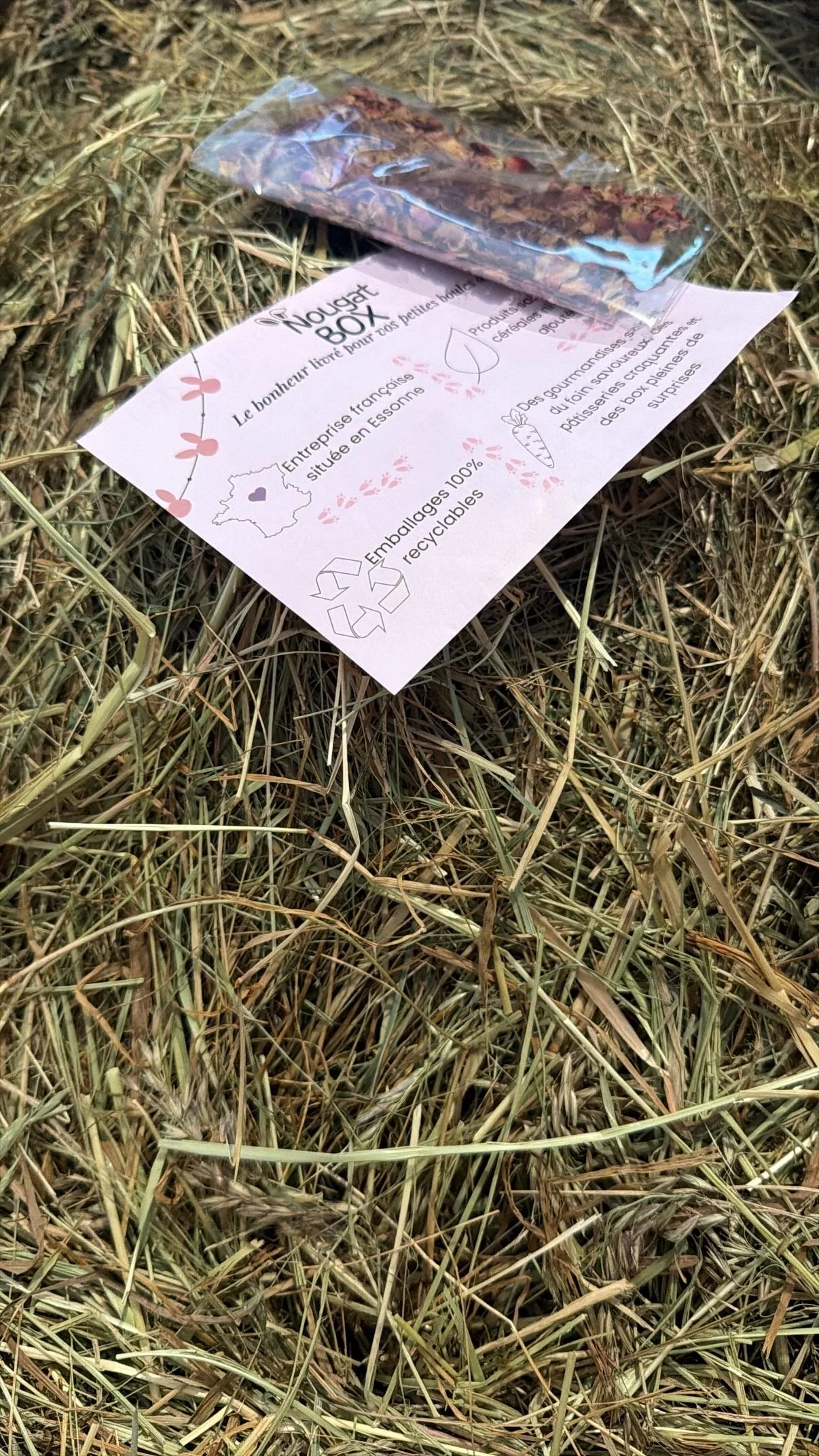 Une feuille d'information dépliée parmi de l'herbe sèche, accompagnée d’un sachet de nourriture pour animaux. La feuille mentionne une entreprise située en Essonne et indique que les emballages sont 100% recyclables.