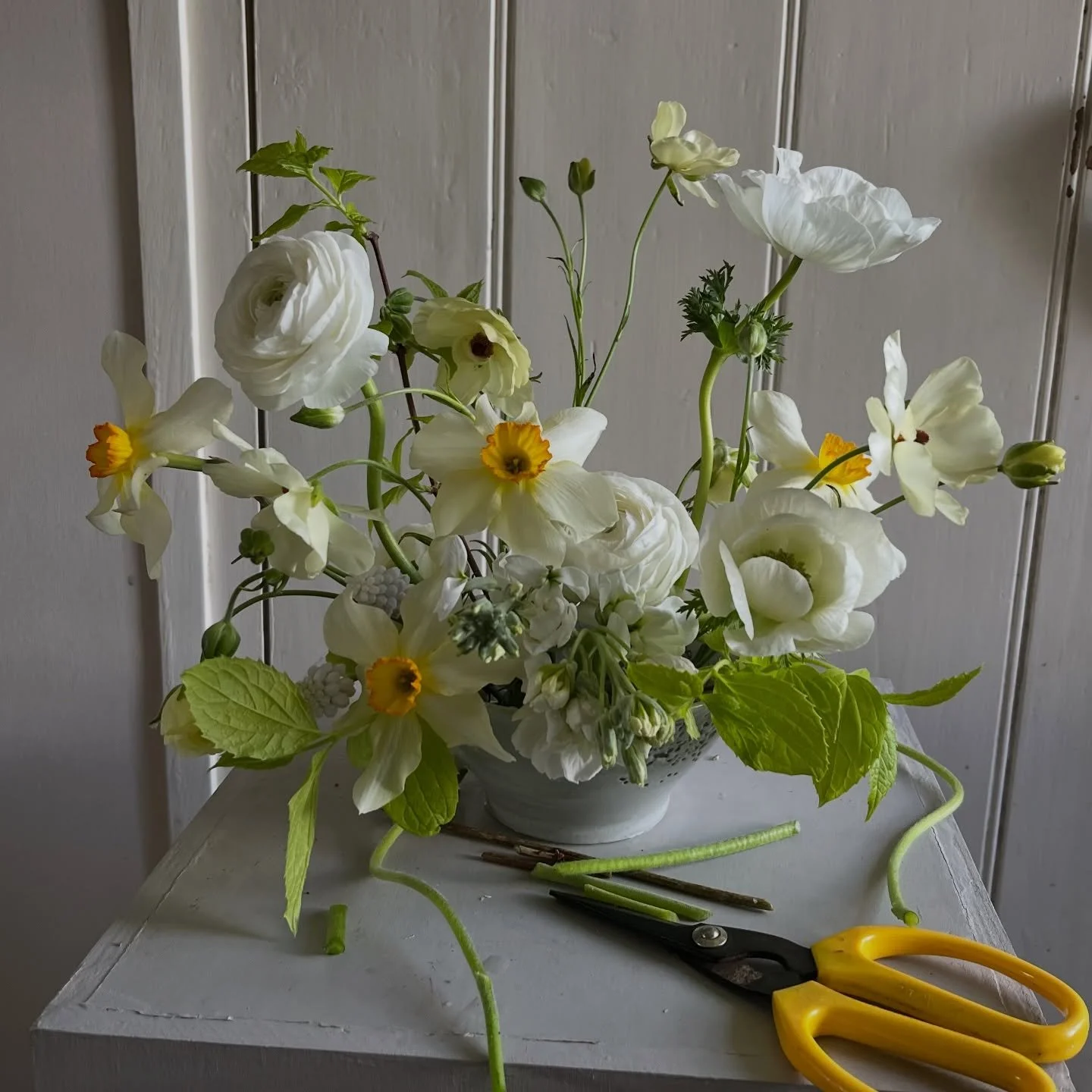 A bowl of sunshine 

The last of the daffodils, with soft whites, pale yellows and fresh spring green.

Simple, seasonal flowers, arranged as they come &mdash; light, airy and full of movement.

Seasonal, garden-inspired flowers for weddings across D