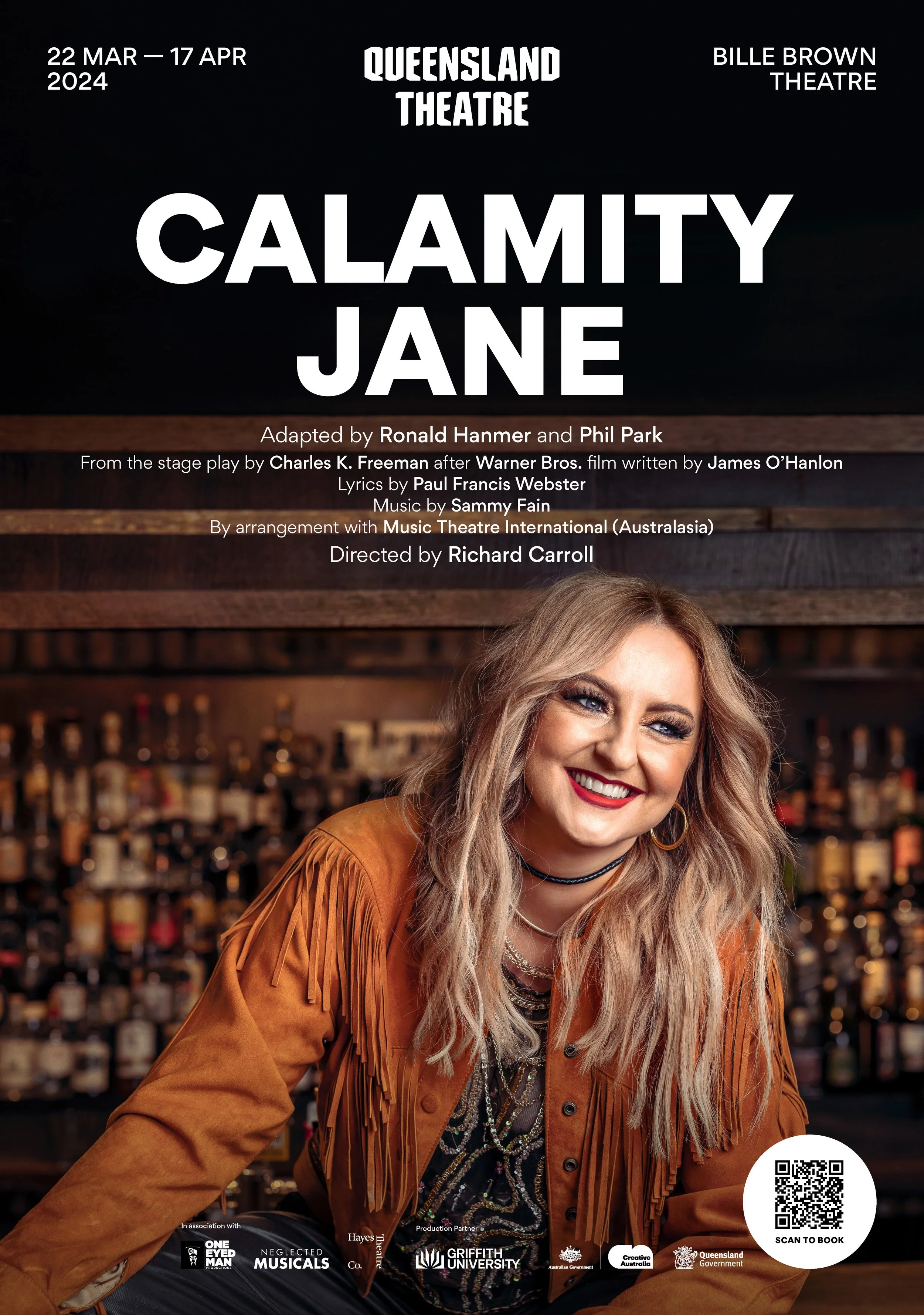 Poster for a theatrical production of 'Calamity Jane' at Queensland Theatre, running from March 22 to April 17, 2024, featuring a smiling woman with blonde hair and makeup, wearing a brown fringed jacket, sitting in front of a bar background.