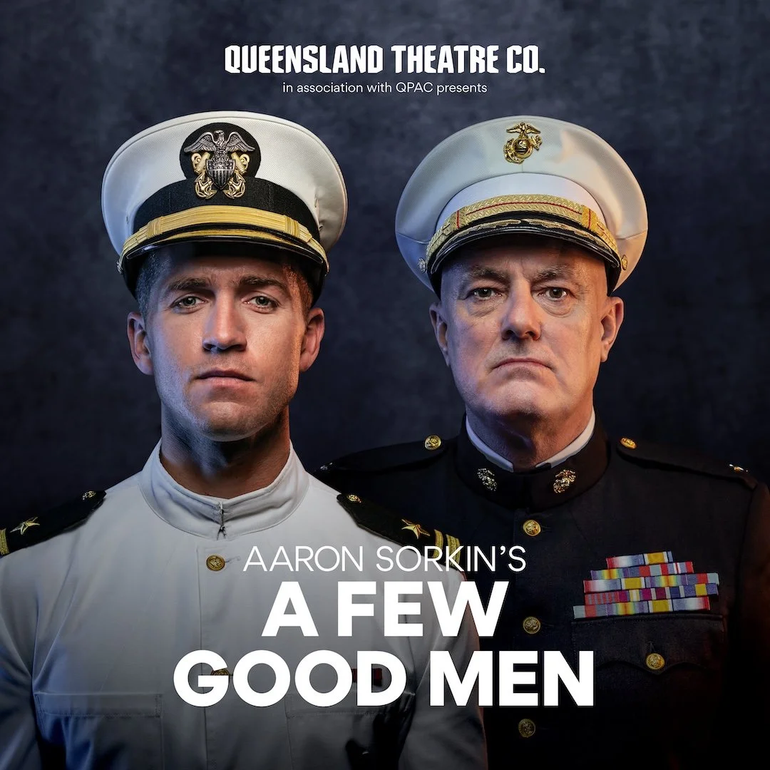 A promotional poster for Aaron Sorkin's play 'A Few Good Men' featuring two men dressed as Marine officers in uniform with serious expressions, with the title and production credits at the bottom.