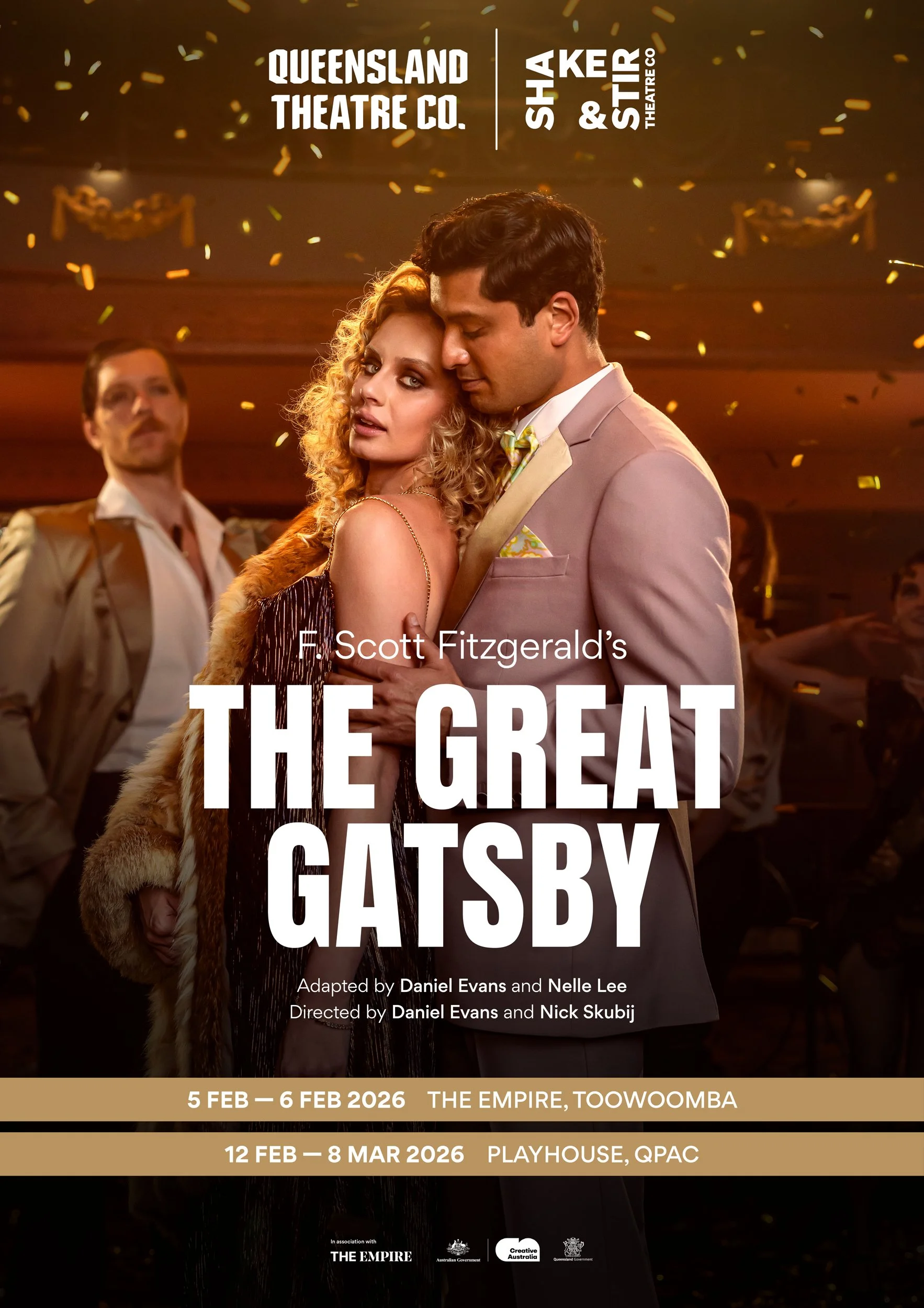 Poster for a theatrical adaptation of The Great Gatsby, featuring a man and woman dancing closely, with the man in a light-colored suit and the woman with curly hair and a fur shawl. The background has other dancers and golden confetti.